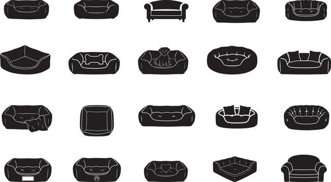 
Dog Bed Silhouette Vector Bundle with Pet Cushion and Basket Icons
