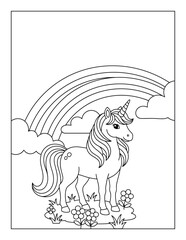 Fototapeta premium Coloring page of a cute unicorn character standing on a cloud among twinkling stars