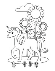 Fototapeta premium Coloring page of a cute unicorn character standing in a garden with mushrooms and a smiling sun