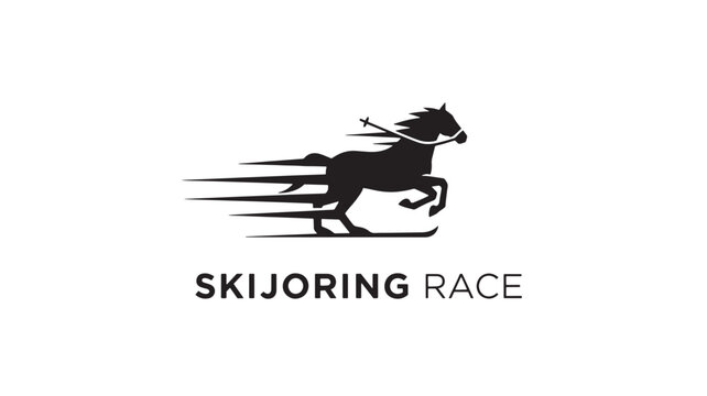 Dynamic black silhouette of a horse and rider in skijoring race on snowy ground, conveying speed and adventure.