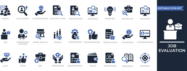 Job Evaluation Icon  Set. Systematic job analysis, evaluation, information, ranking, recommendation, market analysis, assessment icon. Solid vector icon collection. © Sujoy