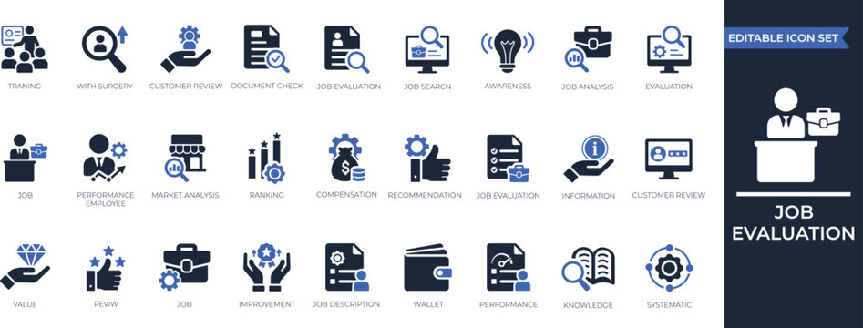 Job Evaluation Icon  Set. Systematic job analysis, evaluation, information, ranking, recommendation, market analysis, assessment icon. Solid vector icon collection.
