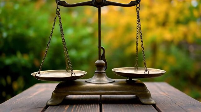 Antique balance scale with natural background.