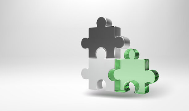 Chrome 3D puzzle three piece, business mission. Isometric glass jigsaw project for team collaboration and problem solution. Connect complex pieces with logic for success. Technology planning concept