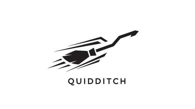 A sleek black and white logo featuring a Quidditch broomstick in motion, symbolizing fantasy sports and magical adventure.