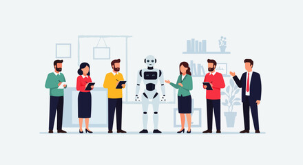 Flat vector illustration of a group of people communicating, collaborating, and discussing with an AI robot. Concepts of artificial intelligence, diversity, and business discussions in the modern work