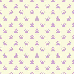 Cute seamless vector pattern with purple paws on a yellow background