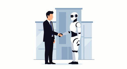 Flat vector illustration of a businessman shaking hands with an artificial intelligence robot. The concept of business cooperation, artificial intelligence and future business opportunities.