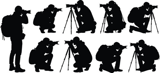 Photographer silhouettes using camera and tripod in different shooting poses isolated on white background professional photography illustration vector set © MdZahedul