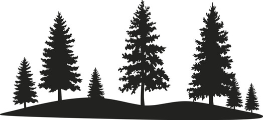 Pine forest tree silhouette landscape isolated on white background, evergreen woodland illustration, natural countryside scene for nature themes, ecology concepts, outdoor design, 