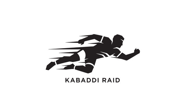 High-energy black silhouette of a kabaddi raider in mid-air, dynamic motion lines, sporty theme, white background, perfect for sports branding.