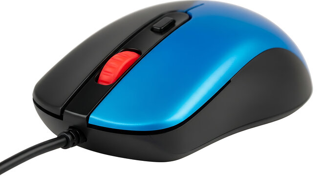 A close-up of a blue and black computer mouse with a red scroll button on a plain white surface viewed from an angle