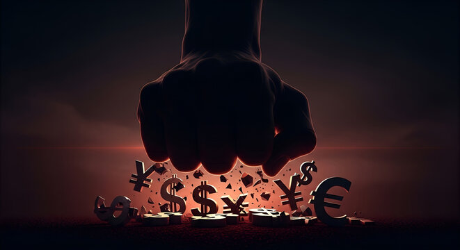 A powerful, shadowy fist descends upon scattered global currency symbols, dramatically illustrating the overwhelming forces of economic control and market volatility impacting international finance
