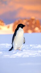 Fototapeta premium Penguin stands on snow against a soft focus, colored background at dusk or dawn