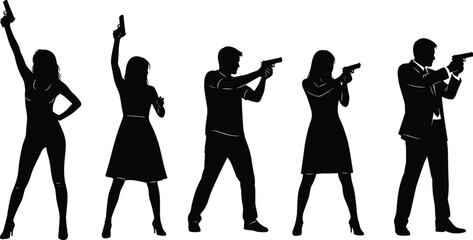 Obraz premium Secret agent silhouettes set with men and women holding guns, action spy characters in combat poses, black vector illustration for crime, thriller, and action concepts
