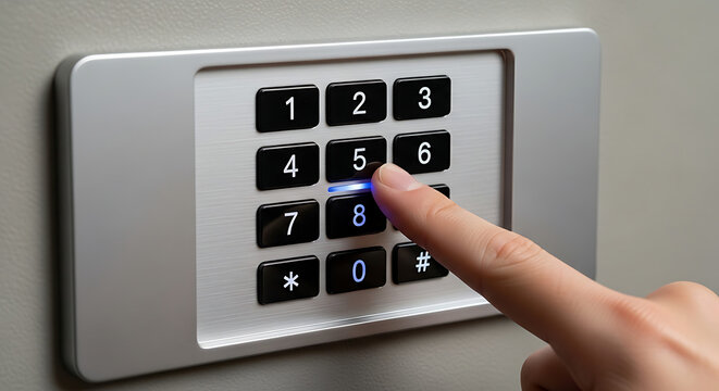 A finger presses the number eight button on a sleek silver keypad mounted on a wall