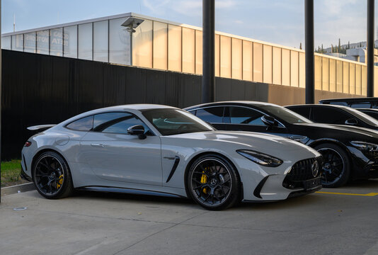 Tbilisi, Georgia 11,12,2025 Menacing Front End of a Grey Mercedes-AMG GT with Panamericana Grille and Air Intakes.