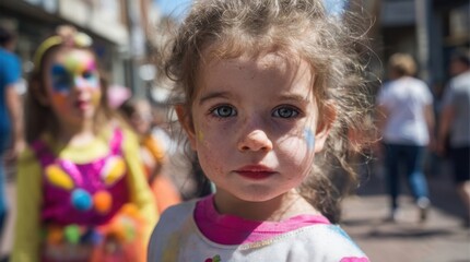 Fototapeta premium Young Girl with Face Paint Looking at Camera During an Outdoor Street Festival on a Sunny Day
