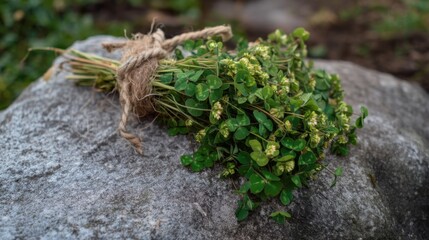 Freshly Picked Bundle of Wild Irish Shamrocks Tied with Twine Lying on a Textured Grey Stone Outdoors