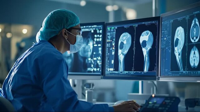 A healthcare professional analyzes x-ray images on multiple screens.