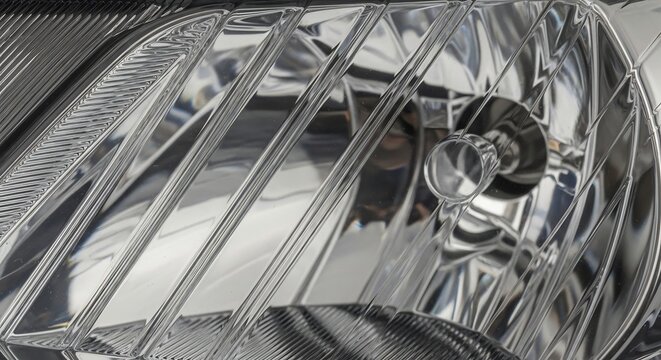Closeup view of a car headlight showcasing intricate design and reflective surfaces.