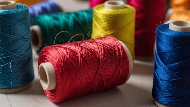 Vibrant spools of thread in various colors, arranged on a neutral background, ready for sewing projects.