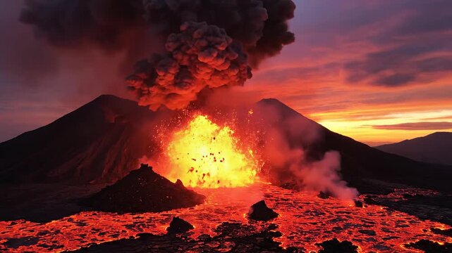 Volcanic Eruption at Sunset - A Fiery Display of Natures Power.