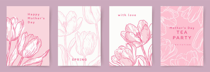 Naklejka na ściany i meble Spring holiday card set with bouquet of tulips. Hand drawn vector line art floral motifs for Women's Day March 8, birthday and Mother's Day