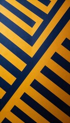 Bold geometric pattern of interlocking yellow and navy blue stripes creates a dynamic visual effect