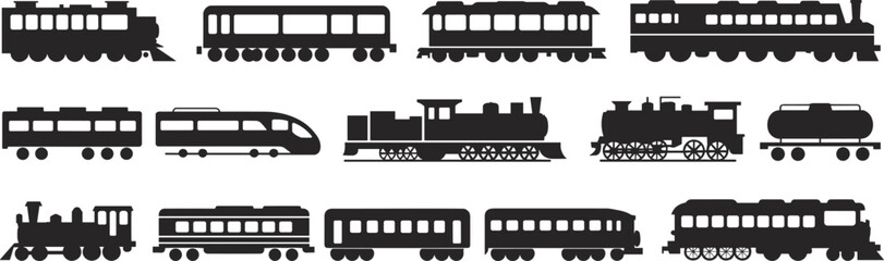 Vintage, steam, train, locomotive, silhouette, set, black, railway, carriage, engine, transportation, icon, vector, illustration, isolatedrt © Moyuri