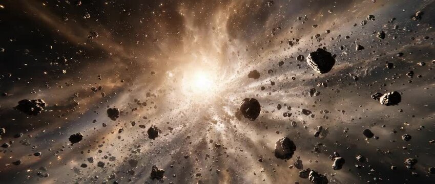 Cosmic explosion in deep space with asteroids and bright light source
