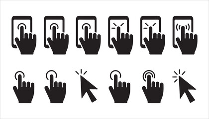 Obraz premium Smartphone interaction icons with finger tapping gestures on screen and various mouse click pointers