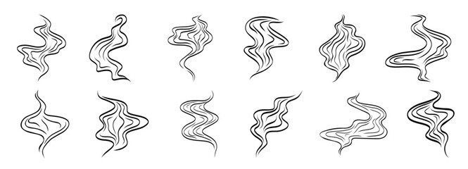 Obraz premium Steam line heat for smell smoke doodle and icon coffee logo. Scent bad aroma for tea cook vector and hot illustration fart. Steam vapour simple for smell breath flame and smoke effect flow