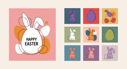 A collection of Easter-themed illustrations featuring a happy bunny and colorful eggs in a modern minimalist vector style, perfect for greeting cards and holiday decorations