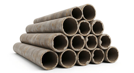 A Neat Stack of Weathered Rounded Steel Pipes with Open Ends Isolated on a White Background Showcasing Industrial Construction Material and Heavy Metal Tubular Infrastructure Equipment Components