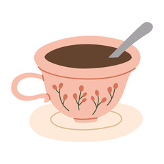 Pink coffee cup with spoon and decorative pattern. Cozy fall drink illustration for cafe branding, menu design, packaging and seasonal marketing materials. Hand drawn vector illustration.