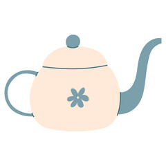 Vintage teapot. Ceramic kitchen dishes with floral design. Cute kitchen decor. Vector hand drawn illustration.