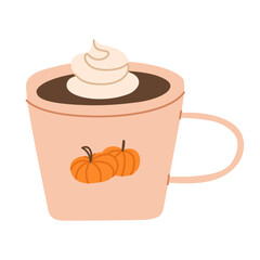 Cozy mug of hot cocoa with pumpkin decoration. Autumn seasonal beverage illustration for cafe menu, packaging design, greeting cards and fall decor. Hand drawn vector illustration.