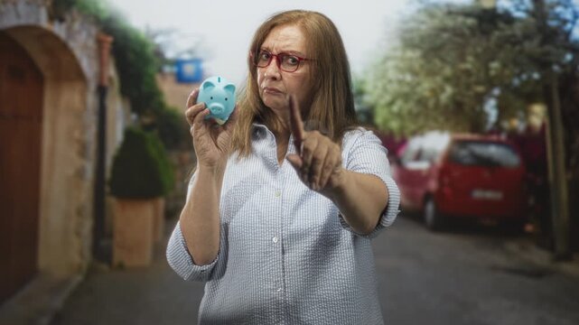 Senior woman holds piggybank and points finger in a narrow residential street with parked car, archway and tree lined houses; savings concern.