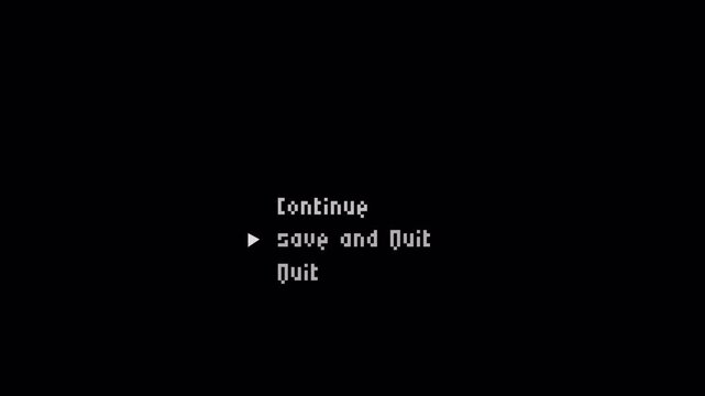 videogame ending screen text on a tv: Game over Continue Save Quit (choice). 8-bit retro style. 4 Video