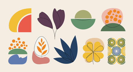 A collection of abstract floral shapes and geometric designs in colorful modern vector style, suitable for art and home decor projects