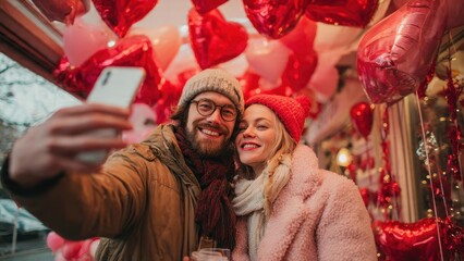 Obraz premium Happy Romantic Couple Taking a Selfie Outdoors Surrounded by Red Heart Balloons for Valentine's Day Celebration