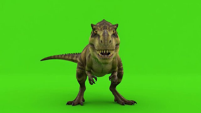Full Body 3D Animated T Rex Facing Forward On Bright Green Screen Background.
