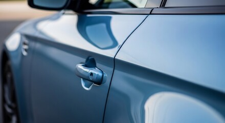 Naklejka premium Closeup view of a sleek modern and stylish blue car door handle and exterior.