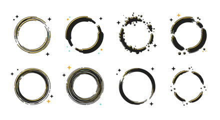 A collection of abstract decorative circles in modern vector style featuring black and gold accents, suitable for creative projects and branding