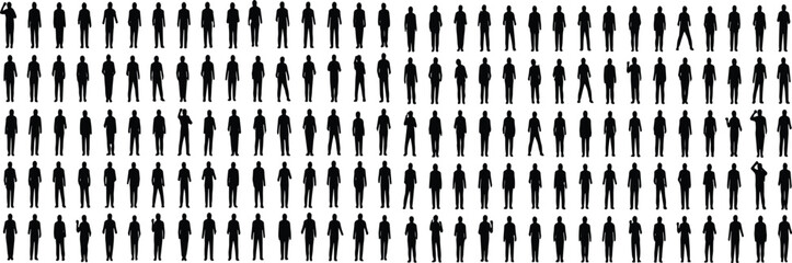 Grid of one hundred diverse human silhouettes in various poses and gestures, arranged in rows and columns, ideal for design, animation, and body language studies © Moyuri