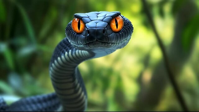 A close-up of a snake with striking orange eyes in a lush setting.