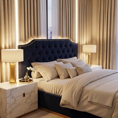 Modern bedroom interior with luxurious bedding and gold lamps