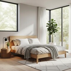 modern minimalist bedroom with large windows and plants