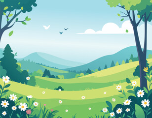 Fototapeta premium Summer landscape with green hills, mountains, and flower meadow under a blue sky. Beautiful nature background with trees, birds, and clouds. Vector illustration for travel and eco design.